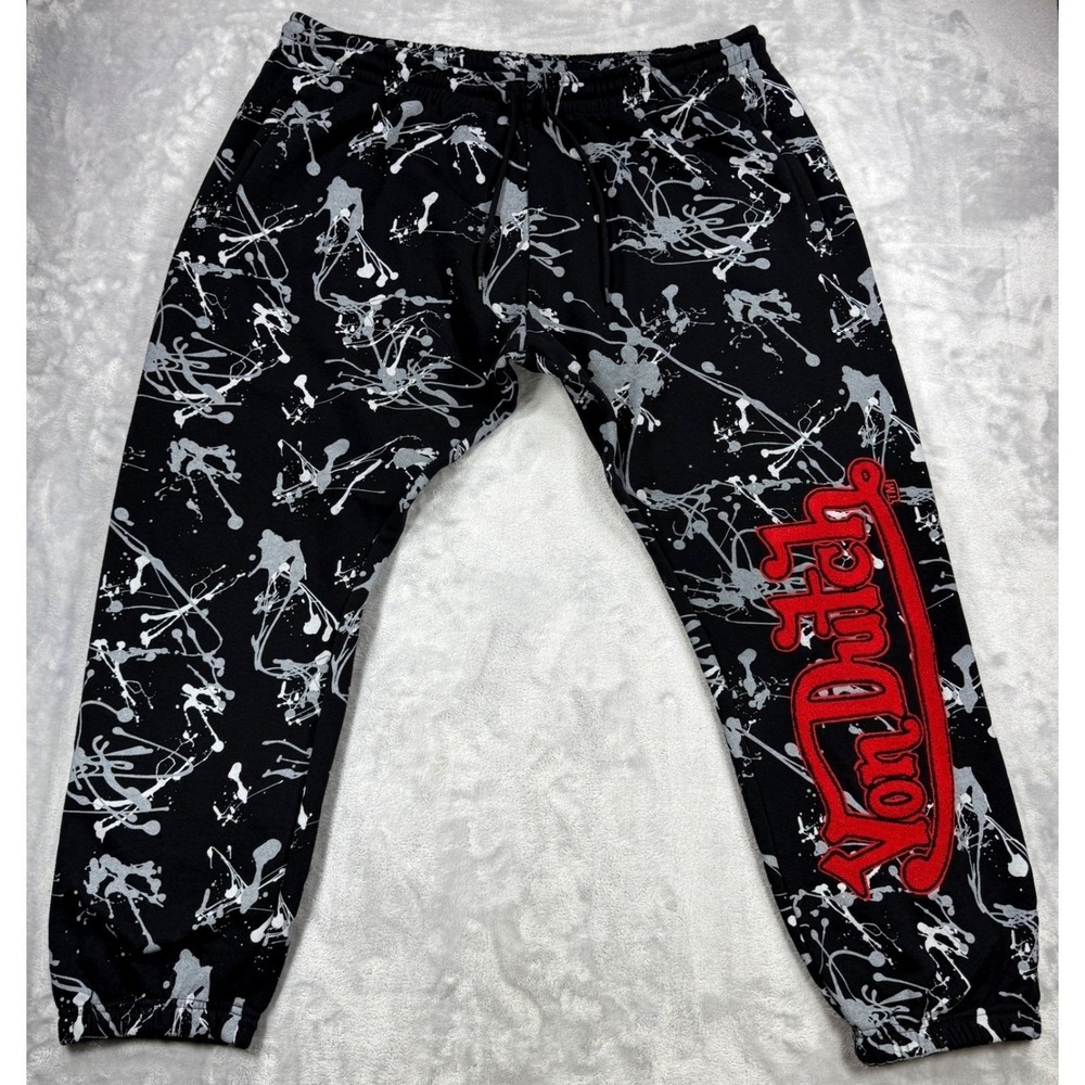 VON DUTCH Paint Splatter Jogger Sweatpants Mens 1X Black Red‎ Chenille Puff Logo